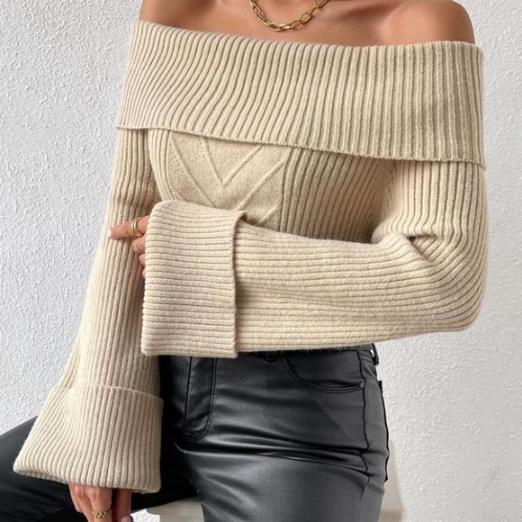 Khaki Preppy Womens off shoulder Sweater - Picture 4 of 5